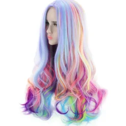 Full Lång Lockig Vågig Regnbågsperuk, Värmebeständig Peruk för Musikfestival, Temafester, Bröllop, Konserter, Dejting, Cosplay & Mer> Peruker