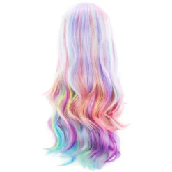 Full Lång Lockig Vågig Regnbågsperuk, Värmebeständig Peruk för Musikfestival, Temafester, Bröllop, Konserter, Dejting, Cosplay & Mer><noscript><img width=