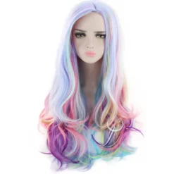 Full Lång Lockig Vågig Regnbågsperuk, Värmebeständig Peruk för Musikfestival, Temanfester, Bröllop, Konserter, Dejting, Cosplay & Mer> Peruker