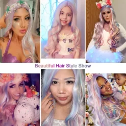 Full Lång Lockig Vågig Regnbågsperuk, Värmebeständig Peruk för Musikfestival, Temanfester, Bröllop, Konserter, Dejting, Cosplay & Mer><noscript><img width=