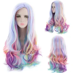 Full Lång Lockig Vågig Regnbågsperuk, Värmebeständig Peruk för Musikfestival, Temanfester, Bröllop, Konserter, Dejting, Cosplay & Mer><noscript><img width=
