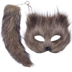 Fuskpäls Rävsvans Kattmask Therian Mask och Svans Halloween Cosplay Party-WELLNGS Grå><noscript><img width=
