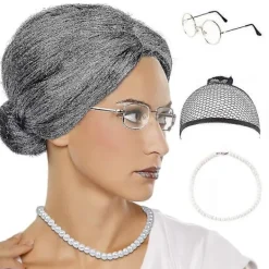 Gammal Dam Peruk, Granny Cosplay Peruk Med Hår, Halloween Kostym[DS]> Peruker