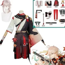 Genshin Impact Kaedehara Kazuha Cosplay kostym Halloween Carnival Samurai kostym Peruk Röda glasögon> Dräkter