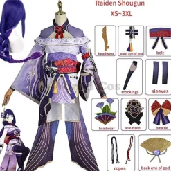 Genshin Impact Raiden Shogun Cosplay Kostym Peruk Lila Långt Hår Halloween Kostymer Komplett Set Genshin Baal Shougun Cosplay L> Dräkter