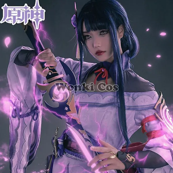 Genshin Impact Raiden Shogun Cosplay Kostym Peruk Lila Långt Hår Halloween Kostymer Komplett Set Genshin Baal Shougun Cosplay L> Dräkter