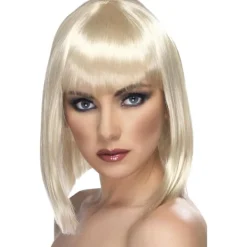 Glamourperuk, Blond kort, rak frisyr med lugg, Glamourperuker för kvinnor, Maskeradperuk för vuxna> Peruker