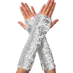 Glittrande fingerlösa långa handskar för kvinnor, silver, lämpliga för kostymer> Tillbehör