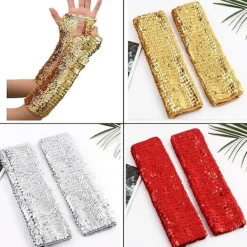 Glittrande fingerlösa långa handskar för kvinnor, silver, lämpliga för kostymer><noscript><img width=