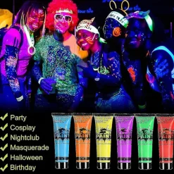Glow In Dark Ansikts- och Kroppsmakeup UV Svartljus Neon Fluorescerande 0.34oz Set med 6 Tubar><noscript><img width=