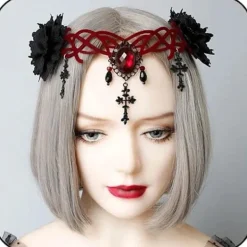 Gotisk Blommig Huvudbonad Halloween Hårband Vampyr Cosplay Kors Huvudbonad Hårclips Maskerad Cosplay Hårband för Kvinnor och Flickor> Huvudbonader