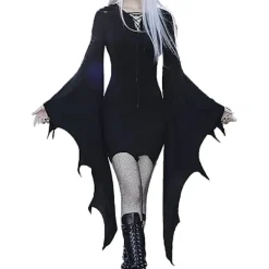 Gotisk Klänning för Kvinnor med Batvingärmar Halloween Kostym Svart Steampunk Miniklänning Vampyr Cosplay Häxkostym XL> Dräkter