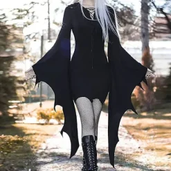 Gotisk Klänning för Kvinnor med Batvingärmar Halloween Kostym Svart Steampunk Miniklänning Vampyr Cosplay Häxkostym XL> Dräkter