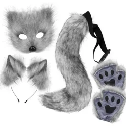 Grå Rävsvans & Kattöron Kostymset med Handskar för Halloween Cosplay> Tillbehör