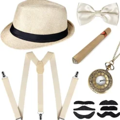 Grå 1920-tals herr beige färg Fancy Dress tillbehör Gangster Flapper Set Great Gatsby Costume Kit 1920-tal med Trilby Hat Mustache elastiska hängslen | Fyndiq> Tillbehör