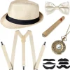 Grå 1920-tals herr beige färg Maskerad tillbehör Gangster Flapper Set Great Gatsby Kostym Kit 1920-tal med Trilby Hatt Mustasch elastiska hängslen> Tillbehör
