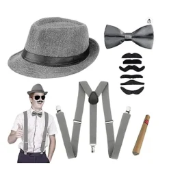 Grå 1920-tals Herr Fancy Dress Tillbehör Gangster Flapper Set Great Gatsby Kostym Kit 20-tal med Trilby Hatt Mustasch Elastiska Hängslen Herr Fickur | Fyndiq> Tillbehör