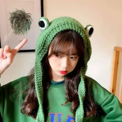 Groda Hatt Stickad Groda Hatt Virkad Hårband Söt Utomhus Stor Ögon Groda Mössa Öronskydd Festival Cosplay Hatt Kvinnor Flickor><noscript><img width=