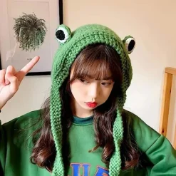 Groda pannband hatt söt virkad stickad pannband utomhus stora ögon groda mössa öronlappar> Huvudbonader