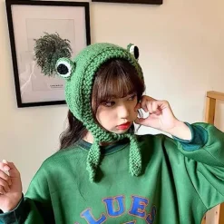 Groda pannband hatt söt virkad stickad pannband utomhus stora ögon groda mössa öronlappar><noscript><img width=