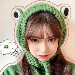 Groda pannband hatt söt virkad stickad pannband utomhus stora ögon groda mössa öronlappar><noscript><img width=