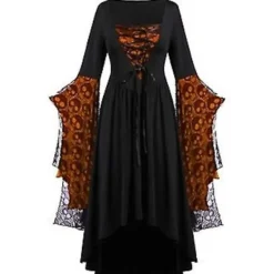 Halloween Cosplay Kostym Gotisk Vintage Klänning Spöke Pumpa Klänningar Medeltida Spökbrud Vampyr Kläder Halloween För Kvinnor(XL svart-orange)><noscript><img width=