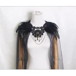Halloween Fjäder Cape Svart Päls Krage Mesh Cape Midi Kjol Scenkostym Knappar><noscript><img width=