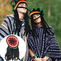 Halloween Hat Reggae Hat Jamaican Woolen Knitting Hat with Black Dreadlocks Wig Ethnic Style Reggae Beret for Halloween Costume> Huvudbonader