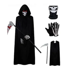 Halloween Horror Liemannen kostym med huva, dödskallemask, handskar och lie - den perfekta Halloween-outfiten för vuxna【mo】 adult> Dräkter