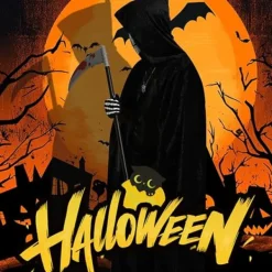 Halloween Horror Liemannen kostym med huva, dödskallemask, handskar och lie - den perfekta Halloween-outfiten för vuxna【mo】 adult><noscript><img width=