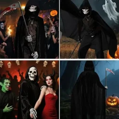 Halloween Horror Liemannen kostym med huva, dödskallemask, handskar och lie - den perfekta Halloween-outfiten för vuxna【mo】 adult><noscript><img width=