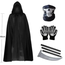 Halloween Horror Liemannen kostym med huva, dödskallemask, handskar och lie - den perfekta Halloween-outfiten för vuxna【mo】 adult><noscript><img width=