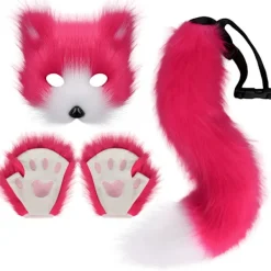 Halloween kostym simulation räv mask handskar plysch rävsvans handgjord djursvans cosplay rekvisita tillbehör Rosröd tredelad set One Size | Fyndiq> Tillbehör