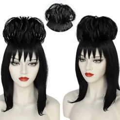 Halloween Kvinnor Lydia Deetz Cosplay Peruk Rollspel 45CM Svart Syntetiskt Rakt Hår Cosplay Peruk för Halloween Karnevalsfest> Peruker