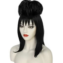 Halloween Kvinnor Lydia Deetz Cosplay Peruk Rollspel 45CM Svart Syntetiskt Rakt Hår Cosplay Peruk för Halloween Karnevalsfest><noscript><img width=