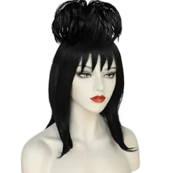 Halloween Kvinnor Lydia Deetz Cosplay Peruk Rollspel 45CM Svart Syntetiskt Rakt Hår Cosplay Peruk för Halloween Karnevalsfest><noscript><img width=