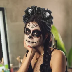 Halloween Rosé Slöja Huvudband Dödskalle Hårband Svart Blomma Krona Dödsdagens Huvudbonad Gotisk Kostymtillbehör (2-Dödskalle Hårband)><noscript><img width=