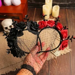 Halloween Rosblommig Huvudband med Slöja för Kvinnor Festlig Party Cosplay Kostym Huvudbonad><noscript><img width=