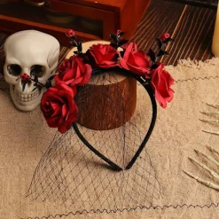 Halloween Rosblommig Huvudband med Slöja för Kvinnor Festlig Party Cosplay Kostym Huvudbonad><noscript><img width=