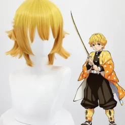 Halloweenfest Demon Slayer Agatsuma Zenitsu Cosplay Party Kostym Outfits Anime Set Gåvor One Size - Wig> Peruker