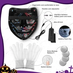 Halloween-mask med skeletthandskar, 3-läges upplyst läskig LED-mask med LED-glödande handskar, Halloween-dekorationer-FA-> Tillbehör