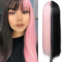 Halvrosa och svart peruk Långt rakt hår med lugg Cosplay Nat> Peruker