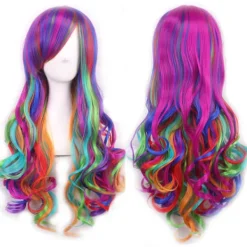 Harajuku Peruk, Långt Lockigt Hår för Kvinnor med Snedlugg, Helhuvudperuk med Stora Vågor> Peruker