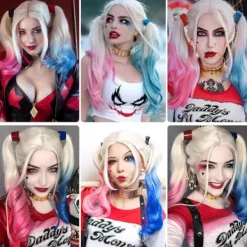 Harley Quinn Cosplay Peruk för Kvinnor, Lång Blond Blå Rosa Halloween Kostym Peruk[JUN]><noscript><img width=