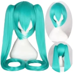 Hatsune Miku Peruk Cosplay Party Peruker med 2 Hästsvansar Långa Raka Peruker Halloween Karneval Rekvisita><noscript><img width=