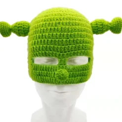 Heltäckande grön hatt, hattar med söta öron, stickad hatt med mask,> Huvudbonader