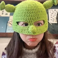 Heltäckande grön hatt, hattar med söta öron, stickad hatt med mask,><noscript><img width=