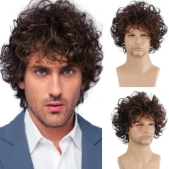 Herrar Peruker Mörkbrun Kort Lockig Lager Cosplay Halloween Karaktär Kostym Peruk 1st> Peruker