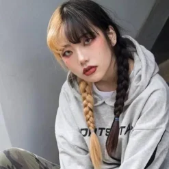 LBSS Hög temperatur Wire Peruk med Air Bangs Långt rakt tvåfärgat hår för kvinnor><noscript><img width=