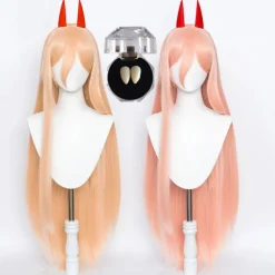 Högkvalitativ Anime Makima Power Cosplay Peruk Lång Orange Rosa Värmebeständig Syntetiskt Hår Party Rollspel Peruker + Perukmössa + Horn (HK) One Size | Fyndiq> Peruker